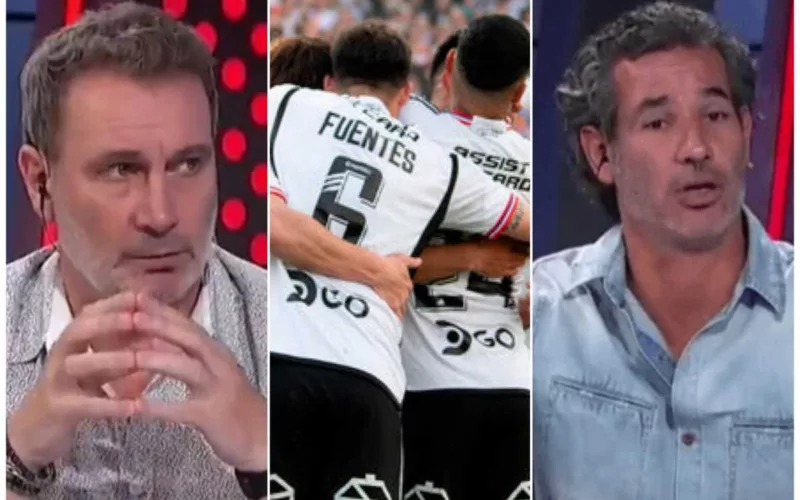 Primer plano al rostro pensativo de Marcelo Barticciotto, sumado al de Dante Poli con cara de indignación y al medio los jugadores de Colo-Colo durante el 2023 celebrando un gol abrazados.