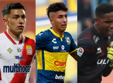 Primer plano a Cristián Zavala, Bryan Soto y Omar Carabalí con camisetas de Curicó Unido, Everton y Unión la Calera.