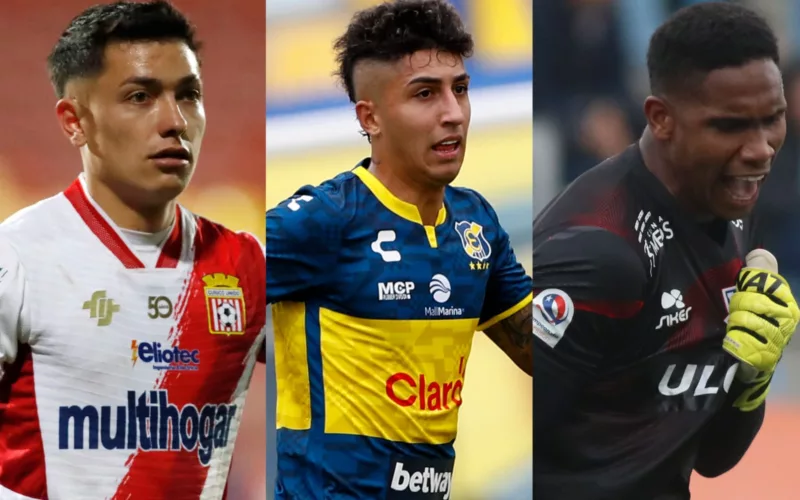 Primer plano a Cristián Zavala, Bryan Soto y Omar Carabalí con camisetas de Curicó Unido, Everton y Unión la Calera.