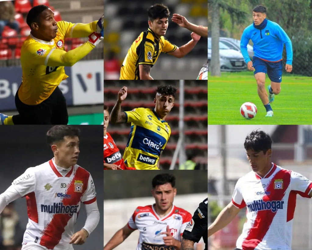 Omar Carabalí, Cristián Zavala, Felipe Yáñez, Bryan Soto, David Tati, Darko FIamengo y Pedro Navarro con la camiseta de los clubes donde fueron enviados a préstamo.