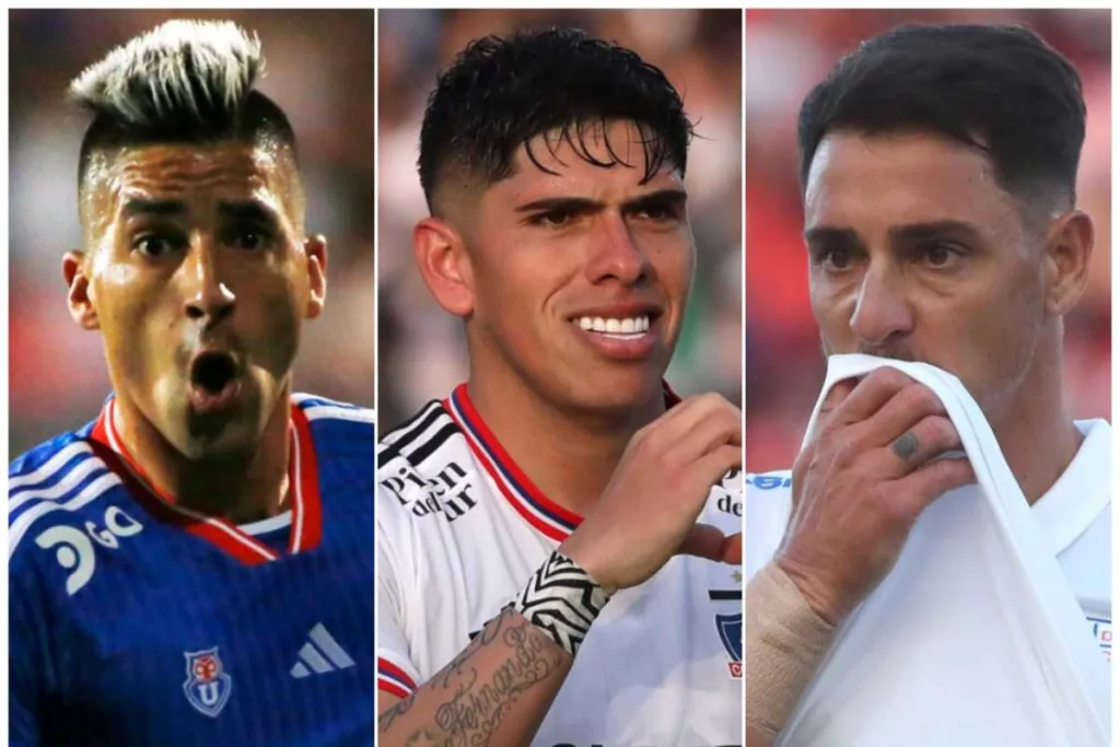 Primer plano a los rostros de los futbolistas Leandro Fernández de Universidad de Chile, Carlos Palacios de Colo-Colo y Fernando Zampedri de Universidad Católica.