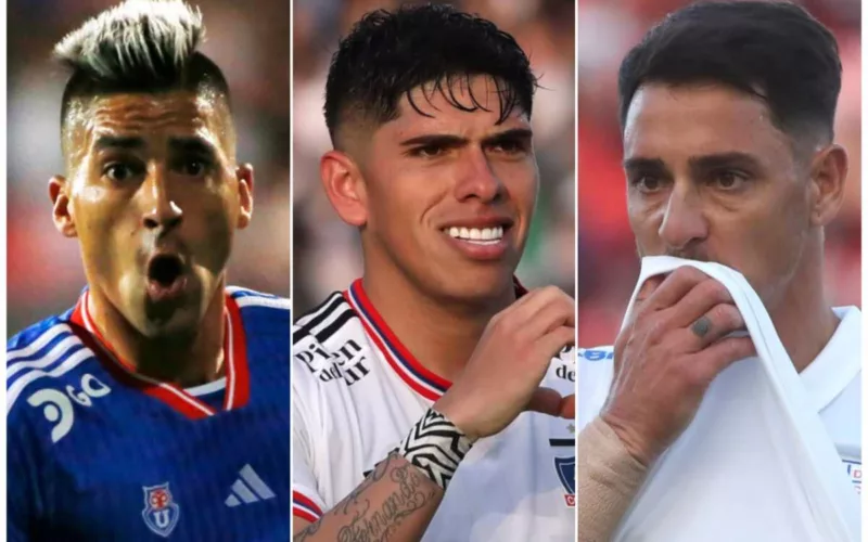 Primer plano a los rostros de los futbolistas Leandro Fernández de Universidad de Chile, Carlos Palacios de Colo-Colo y Fernando Zampedri de Universidad Católica.