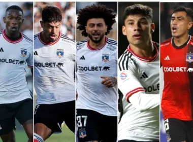 Collage de fotos de Darío Lezcano, Alexander Oroz, Maximiliano Falcón, Matías de los Santos y Fabián Castillo, jugadores de Colo-Colo durante la temporada 2023.