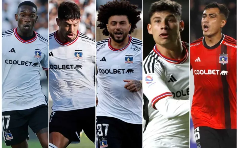 Collage de fotos de Darío Lezcano, Alexander Oroz, Maximiliano Falcón, Matías de los Santos y Fabián Castillo, jugadores de Colo-Colo durante la temporada 2023.