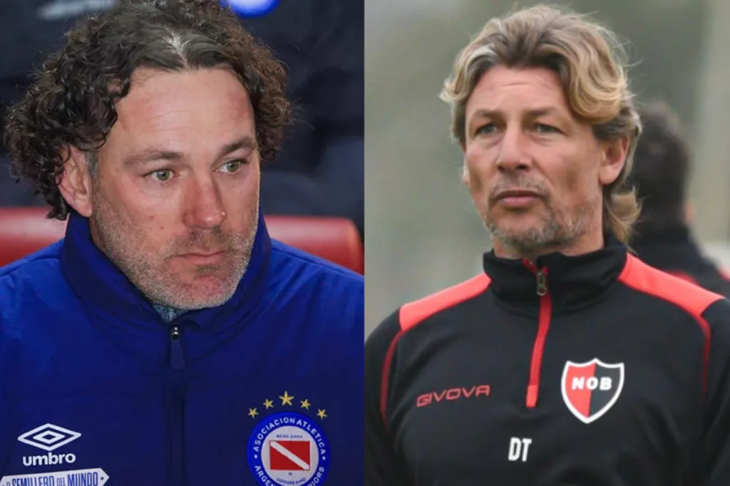 Primer plano a Gabriel Milito con indumentaria de Argentinos Juniors y Gabriel Heinze con chaqueta de Newell's.