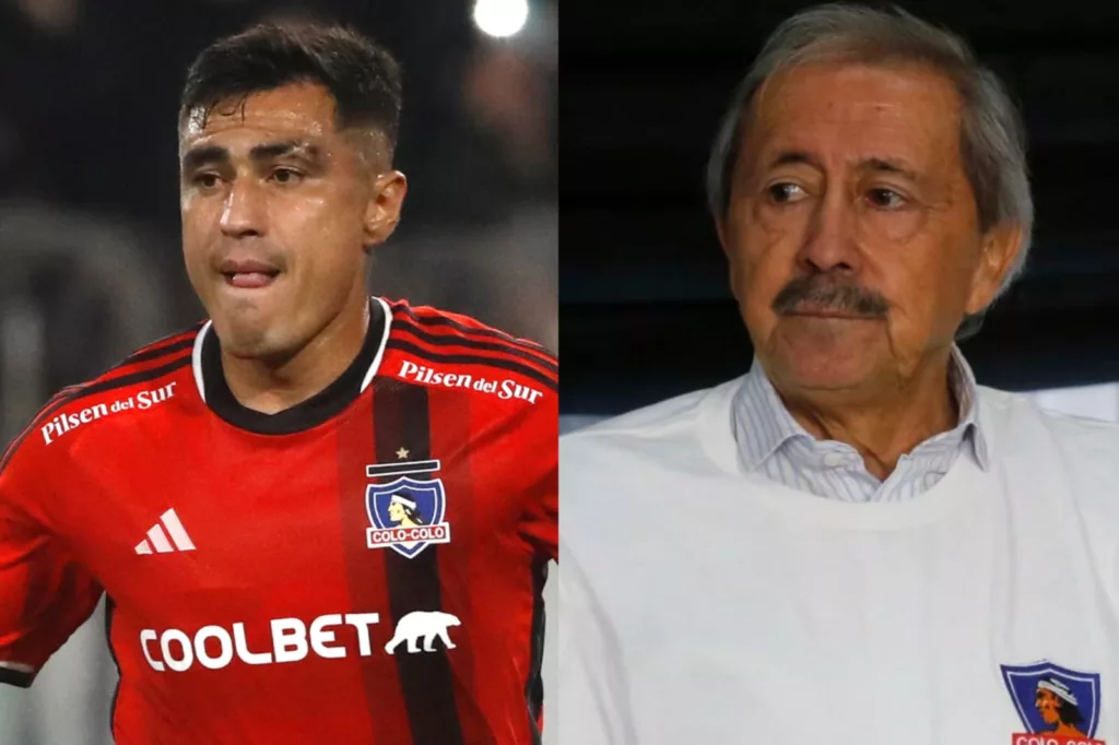 Primer plano a los rostros de Darío Lezcano y Leonardo Véliz con camisetas de Colo-Colo