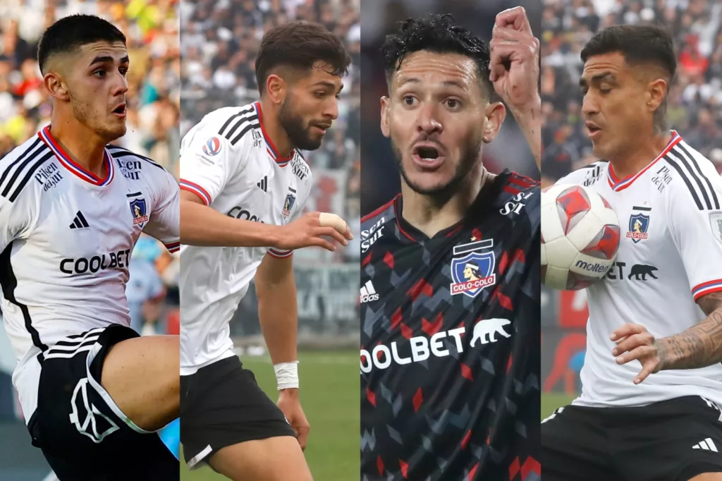 Bruno Gutiérrez, Jeyson Rojas, Ramiro González y Darío Lezcano con la camiseta de Colo-Colo.