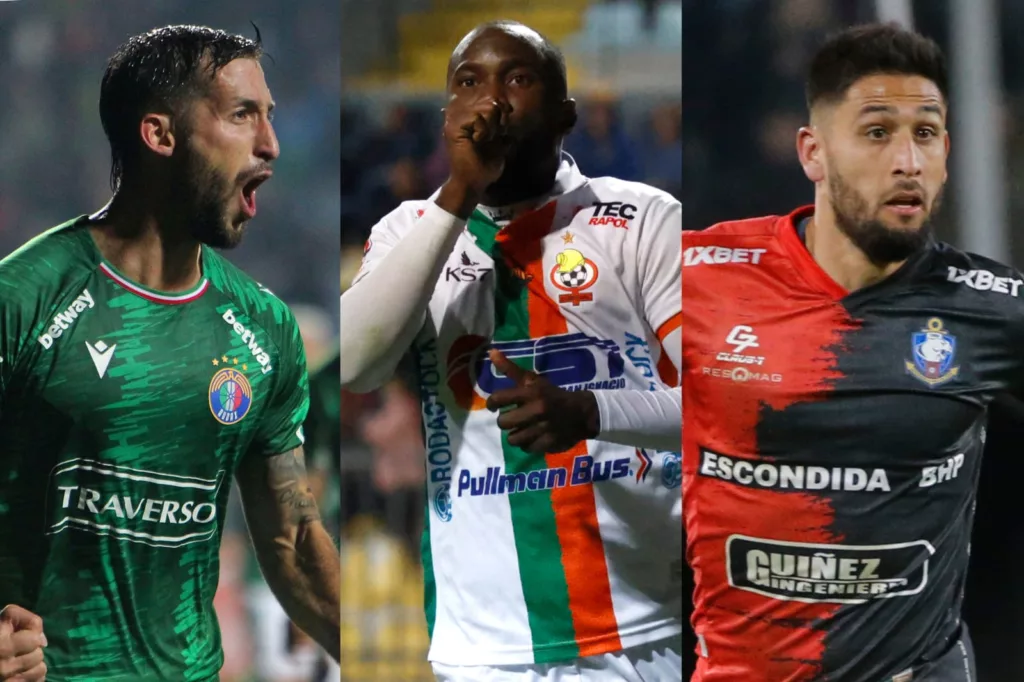 Primer plano a Gonzalo Sosa, Cecilio Waterman y Tobías Figueroa con camisetas de Audax Italiano, Cobresal y Deportes Antofagasta.