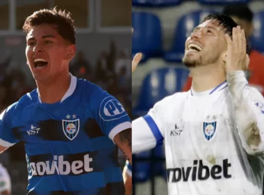 Maximiliano Rodríguez y Felipe Loyola celebrando goles con la camiseta de Huachipato