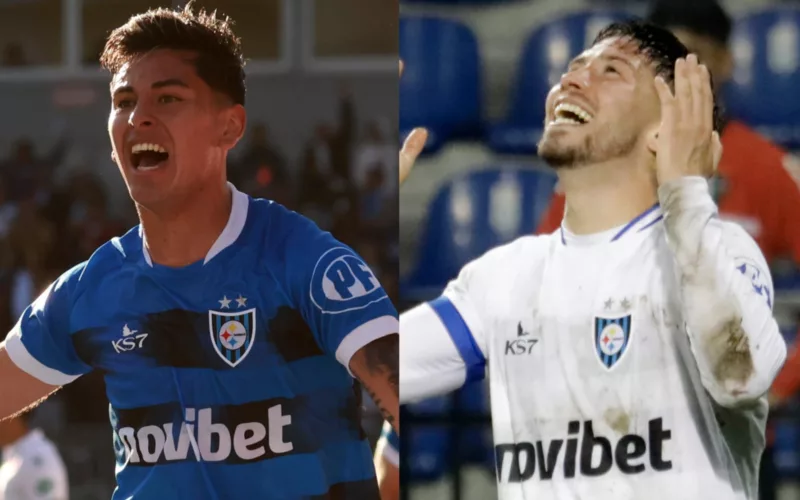Maximiliano Rodríguez y Felipe Loyola celebrando goles con la camiseta de Huachipato