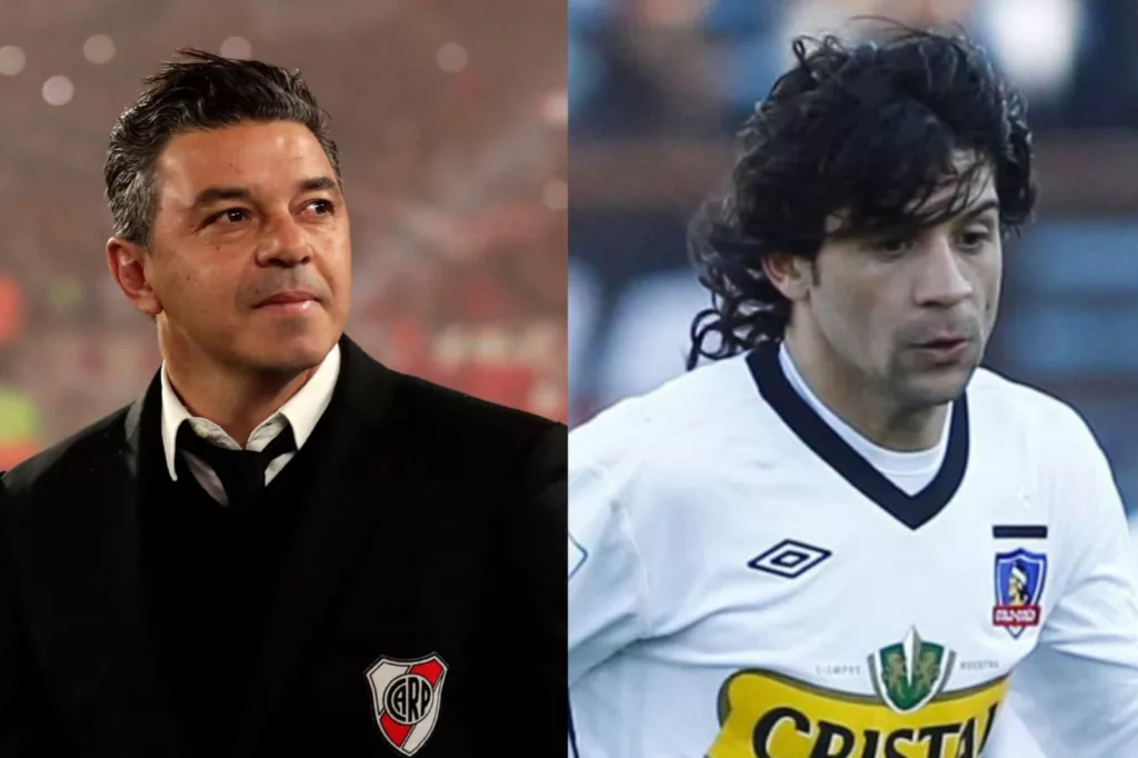 Primer plano a Marcelo Gallardo y Lucas Wilchez con indumentaria de River Plate y Colo-Colo.