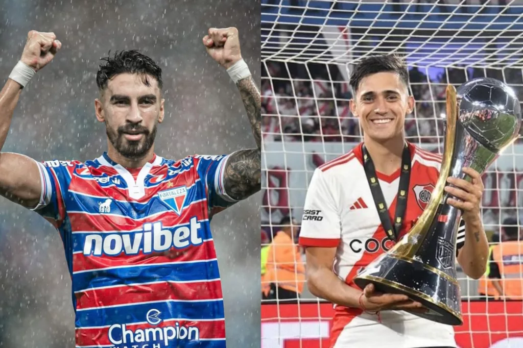 Primer plano a Juan Martín Lucero y Pablo Solari celebrando con las camisetas de Fortaleza y River Plate