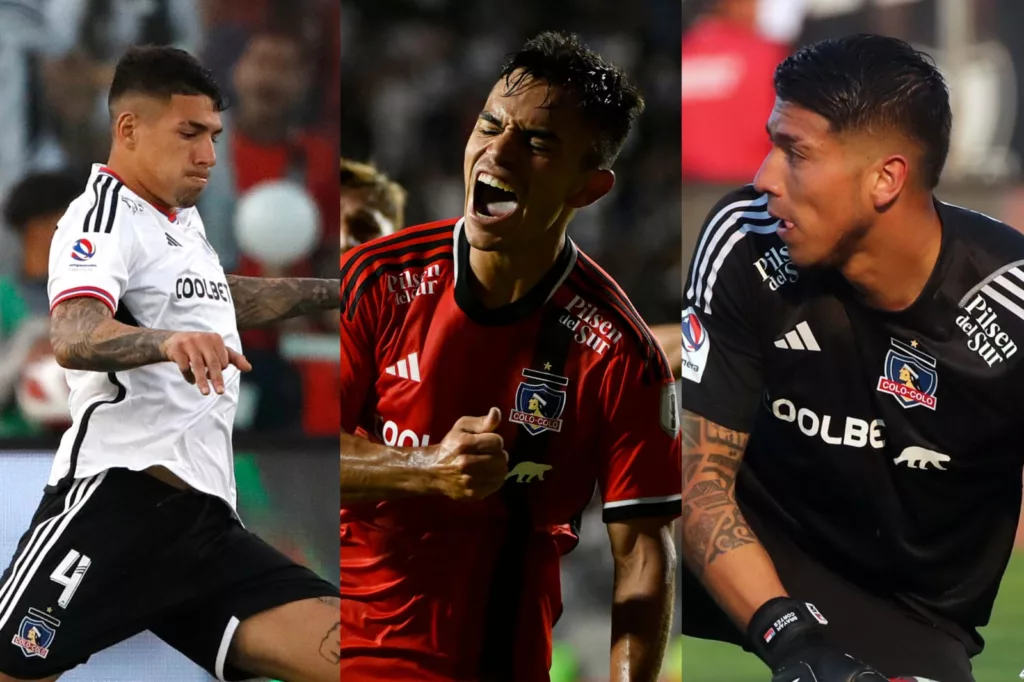 Primer plano a Alan Saldivia, Vicente Pizarro y Brayan Cortés vistiendo indumentaria de Colo-Colo