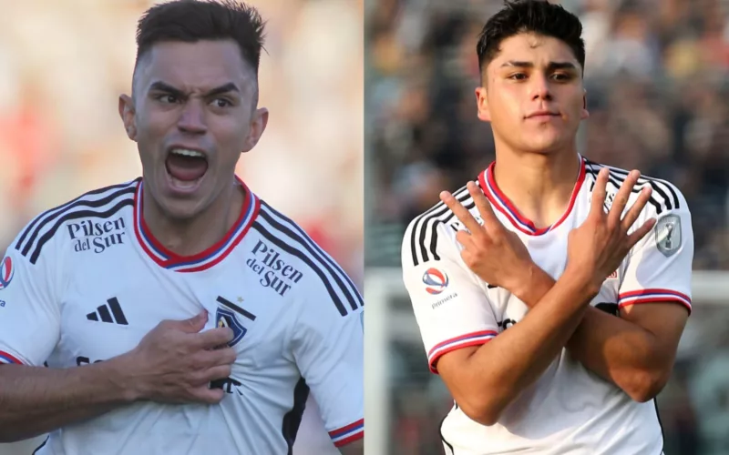 Primer plano a Damián y Vicente Pizarro con la camiseta de Colo-Colo celebrando un gol.