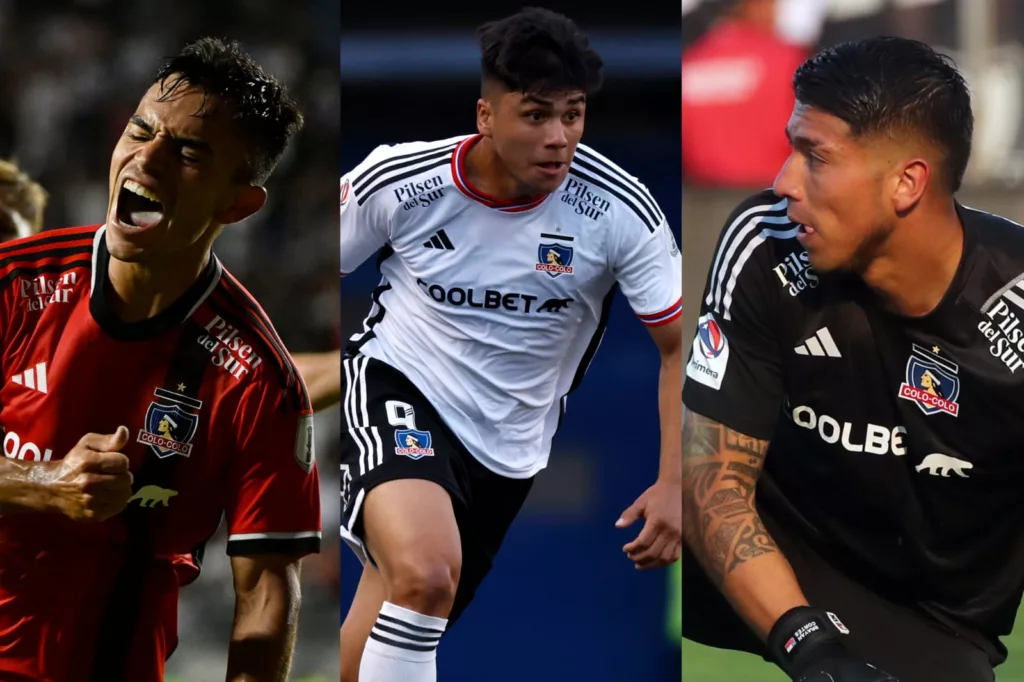 Vicente Pizarro, Damián Pizarro y Brayan Cortés con indumentaria de Colo-Colo