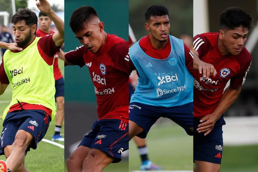 Jeyson Rojas, Vicente Pizarro, Daniel Gutiérrez y Damián Pizarro entrenando con la Selección Chilena Sub-23 en Juan Pinto Durán.