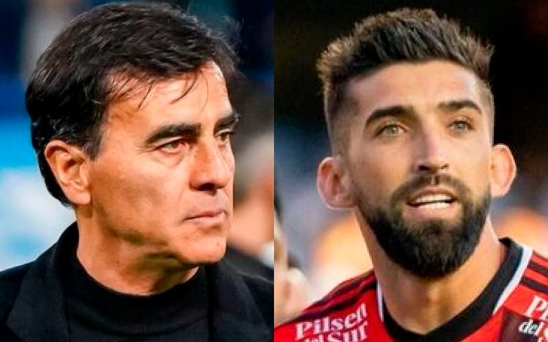 Primer plano al rostro de Emiliano Amor y Gustavo Quinteros, defensor y entrenador de Colo-Colo durante la temporada 2023, respectivamente.