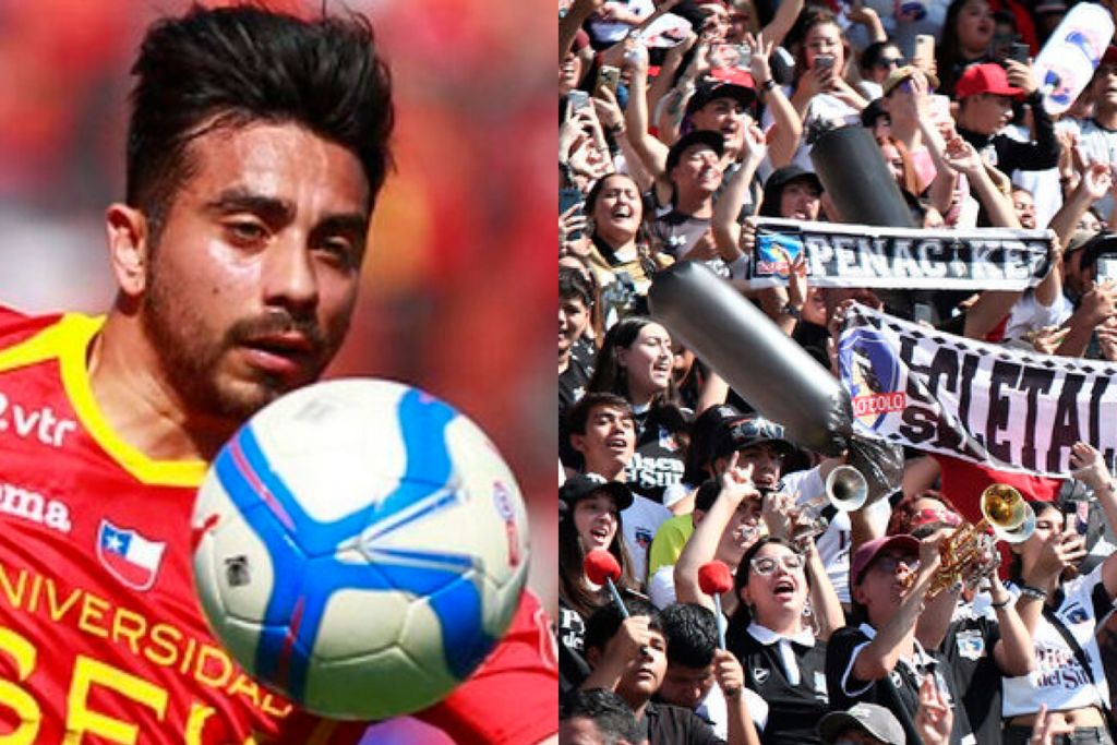 Ramsés Bustos con la mirada fija en un balón a mano izquierda, mientras que en el sector derecho de la fotografía se puede visualizar a los hinchas de Colo-Colo.