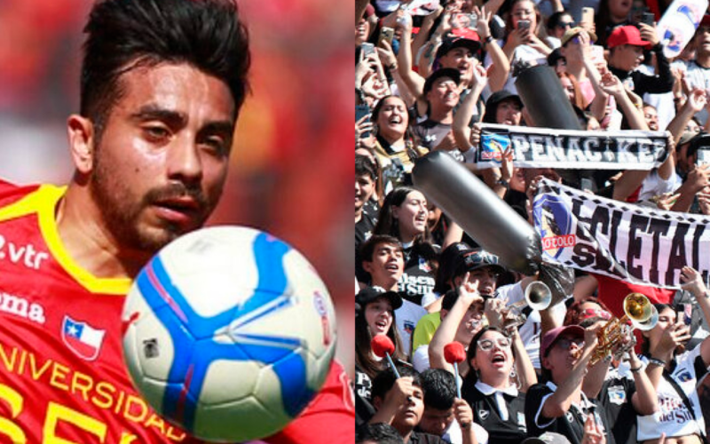 Ramsés Bustos con la mirada fija en un balón a mano izquierda, mientras que en el sector derecho de la fotografía se puede visualizar a los hinchas de Colo-Colo.