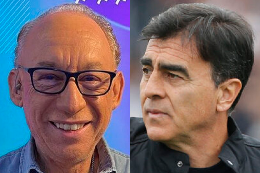 Primer plano al rostro de Mauricio Israel y Gustavo Quinteros, periodista deportivo y entrenador profesional, respectivamente.