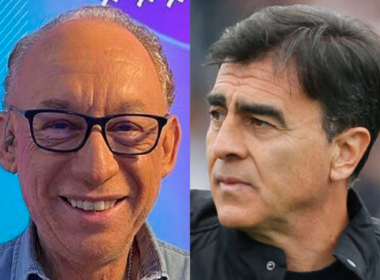 Primer plano al rostro de Mauricio Israel y Gustavo Quinteros, periodista deportivo y entrenador profesional, respectivamente.