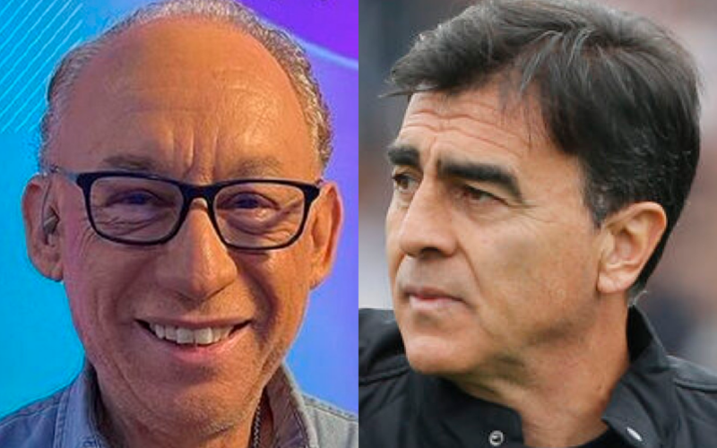 Primer plano al rostro de Mauricio Israel y Gustavo Quinteros, periodista deportivo y entrenador profesional, respectivamente.