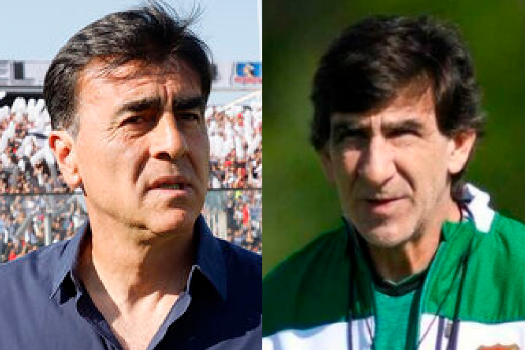 Primer plano a los rostros llenos de preocupación de Gustavo Quinteros y Gustavo Costas, entrenadores de fútbol profesional y ex jugadores.
