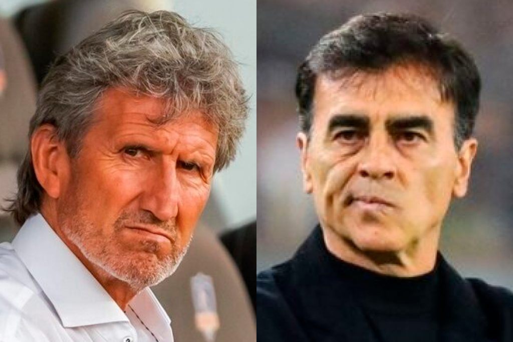 Primer plano a los rostros de preocupación de Daniel Morón y Gustavo Quinteros, gerente deportivo y ex entrenador de Colo-Colo, respectivamente.