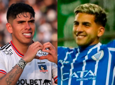 Primer plano a los rostros de felicidad de Carlos Palacios y Hernán López, respectivos jugadores de Colo-Colo y Godoy Cruz durante la temporada 2023.