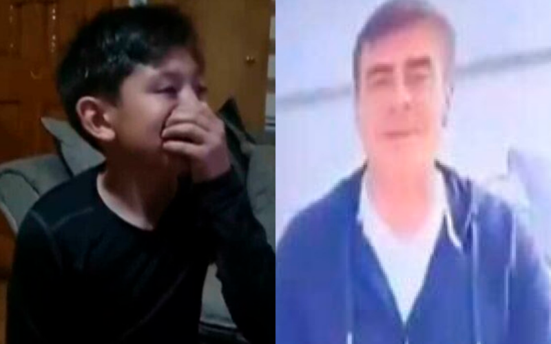 Un pequeño llora a mano izquierda mientras recibe un mensaje de Gustavo Quinteros, quien se encuentra a mano derecha.