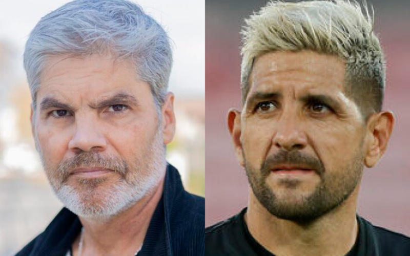 Primer plano a los rostros de Juan Cristóbal Guarello y Agustín Orion, periodista deportivo y ex arquero profesional de fútbol, respectivamente.