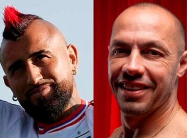 Primer plano a los rostros sonrientes de Arturo Vidal y Marcelo Díaz. futbolistas profesionales que están completamente identificados con Colo-Colo y Universidad de Chile, respectivamente.