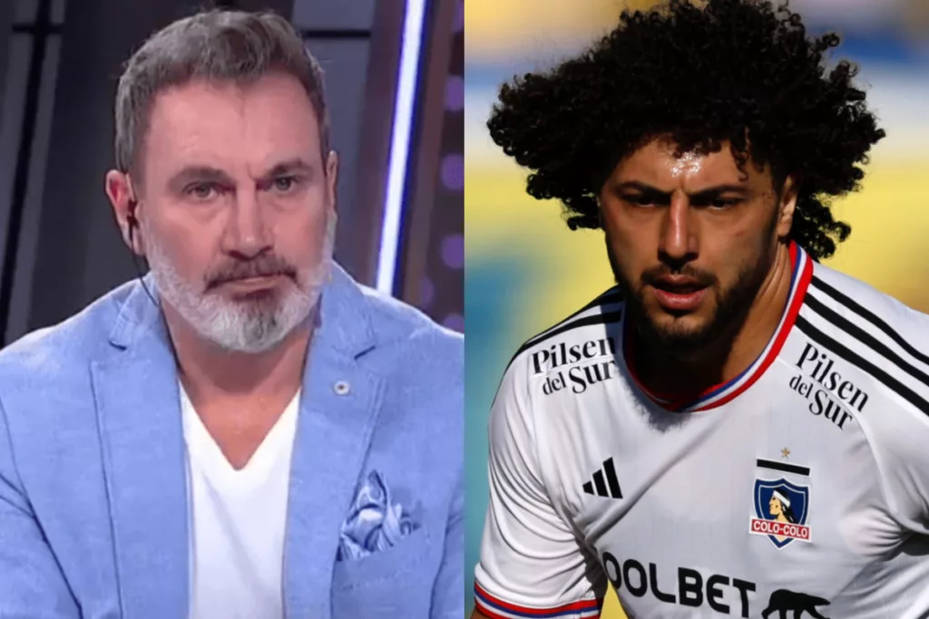 Marcelo Barticciotto serio. Maximiliano Falcón con camiseta de Colo-Colo.