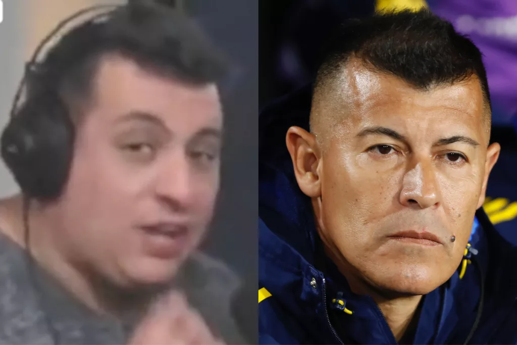 Lucas Schmidt en un programa de radio. Jorge Almirón mirando seriamente.