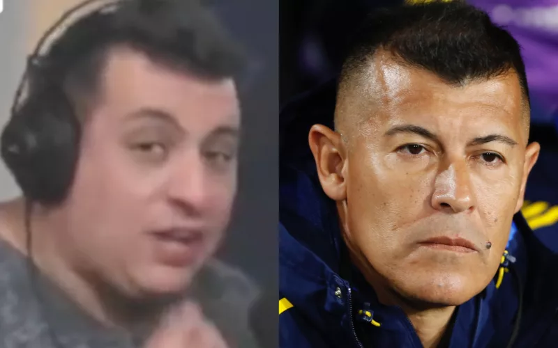 Lucas Schmidt en un programa de radio. Jorge Almirón mirando seriamente.