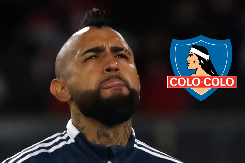 Arturo Vidal con la mirada desafiante, mientras que a mano derecha está incrustado el logo de Colo-Colo.