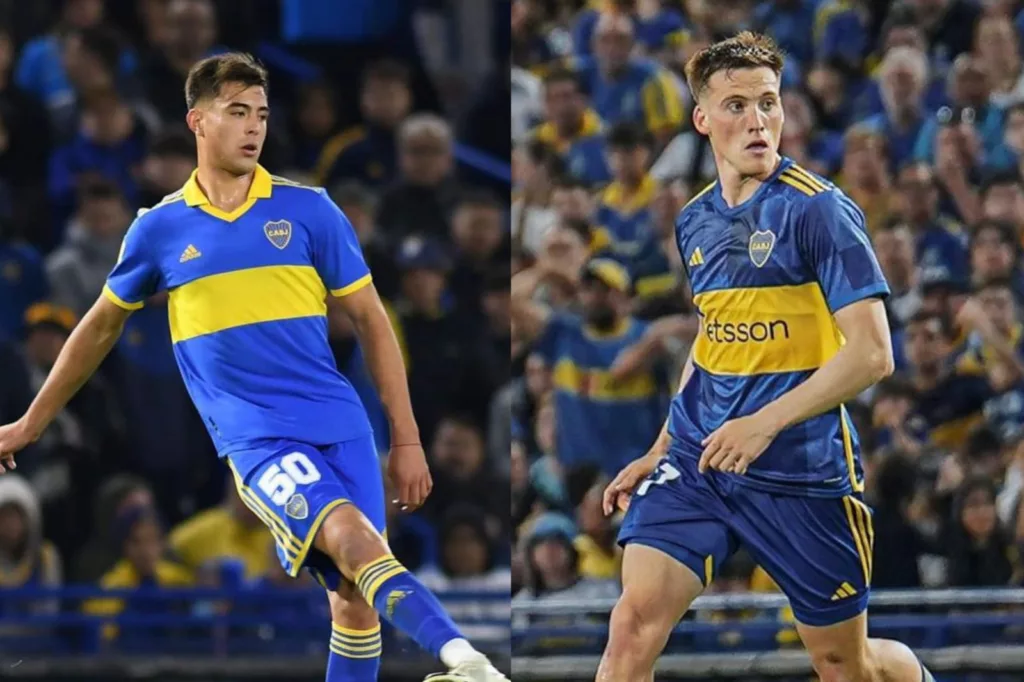 Aaron Anselmino y Jabes Saralegui jugando con la camiseta de Boca Juniors en La Bombonera