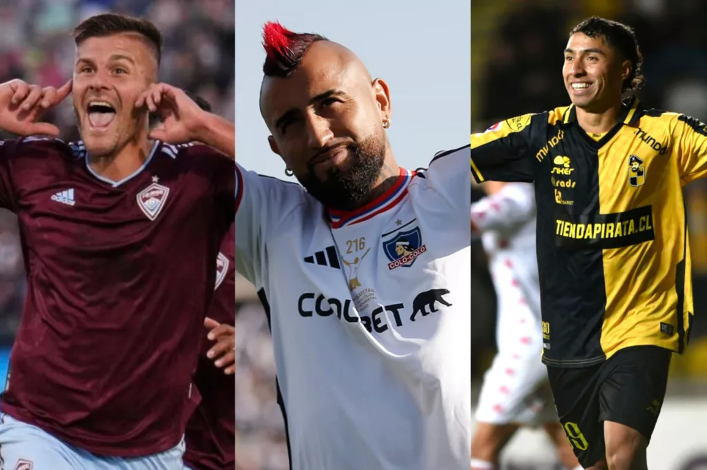 Diego Rubio, Arturo Vidal y Luciano Cabral con las camisetas de Colorado Rapids, Colo-Colo y Coquimbo Unido, respecitvamente.