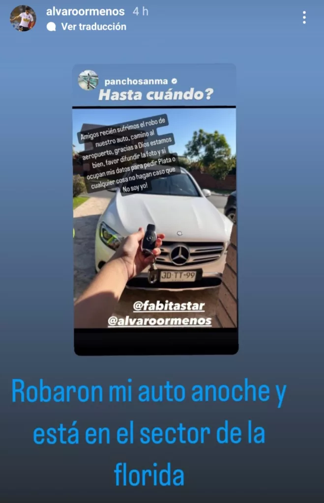 Historia de Instagram de Álvaro Ormeño denunciando el robo de su vehículo.