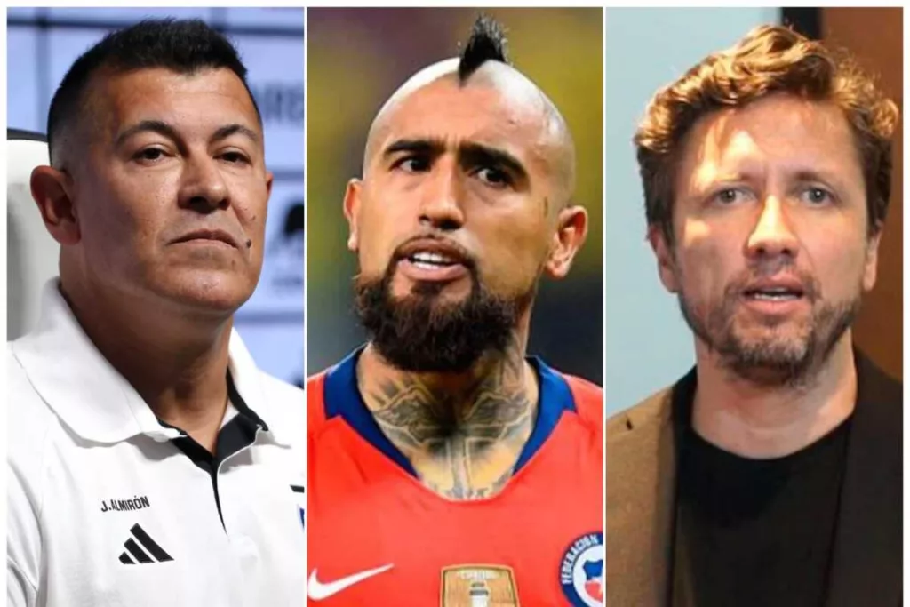 Primer plano a los rostros serios y desafiante de Jorge Almirón, Arturo Vidal y Francisco Sagredo.