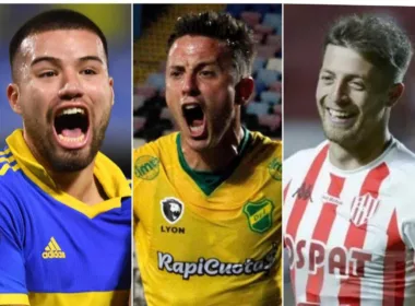 Primer plano a los rostros de Marcelo Weigandt, Federico Vera y Nicolas Tripichio, futbolistas profesionales que celebran un gol con sus respectivos equipos durante la temporada 2023.