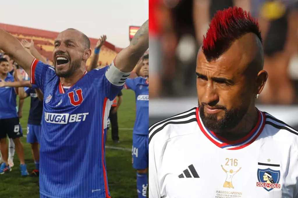 Marcelo Díaz con la camiseta de la Universidad de Chile y Arturo Vidal con camiseta de Colo-Colo