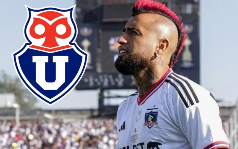 Arturo Vidal con camiseta de Colo-Colo y el escudo de la Universidad de Chile