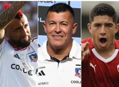 Primer plano a los futbolistas Arturo Vidal y Braian Martínez, sumado al entrenador de Colo-Colo durante la temporada 2024, Jorge Almirón.