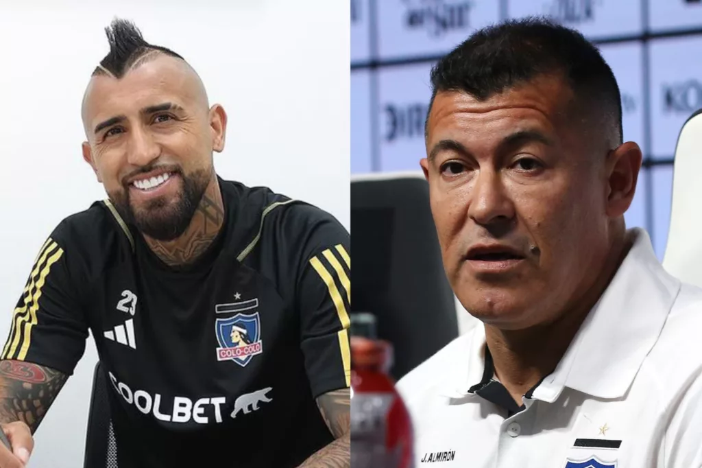 Primer plano a Arturo Vidal y Jorge Almirón con indumentaria de Colo-Colo.