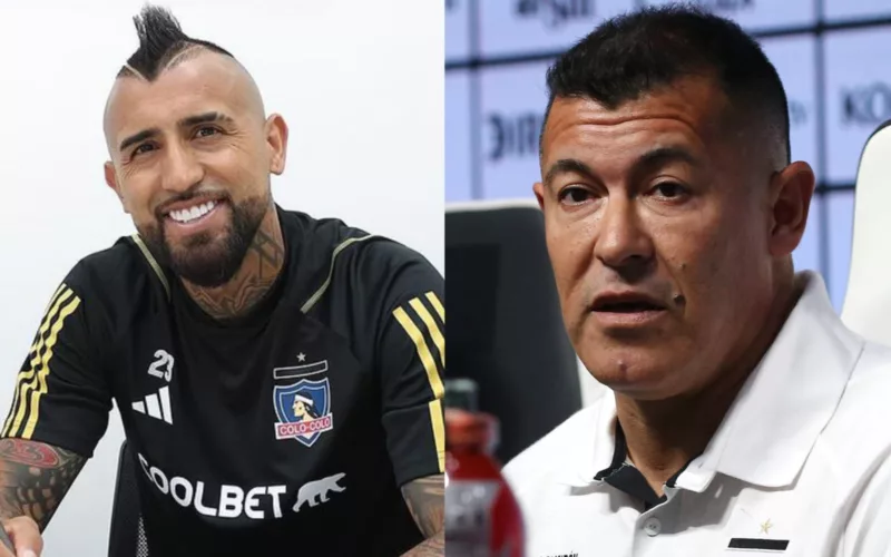 Primer plano a Arturo Vidal y Jorge Almirón con indumentaria de Colo-Colo.