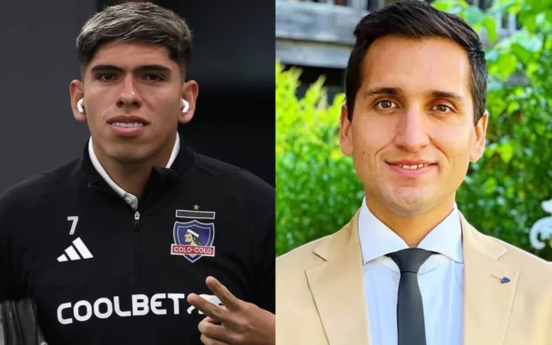 Carlos Palacios con camiseta de entrenamiento de Colo-Colo y Daniel Arrieta con terno