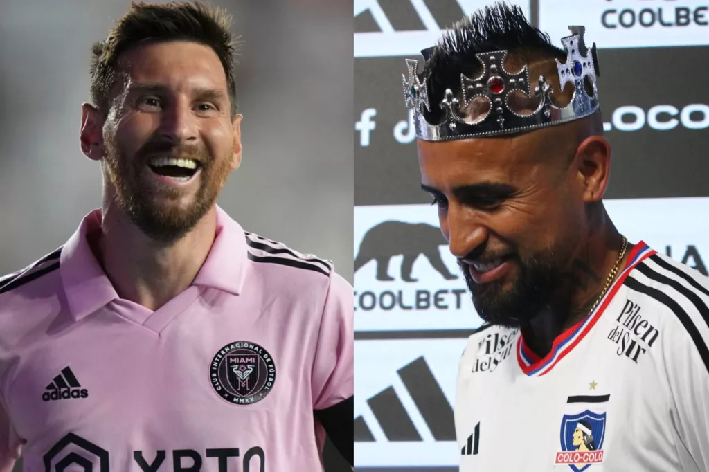 Primer plano a Lionel Messi con camiseta del Inter Miami y Arturo Vidal en su presentación con Colo-Colo