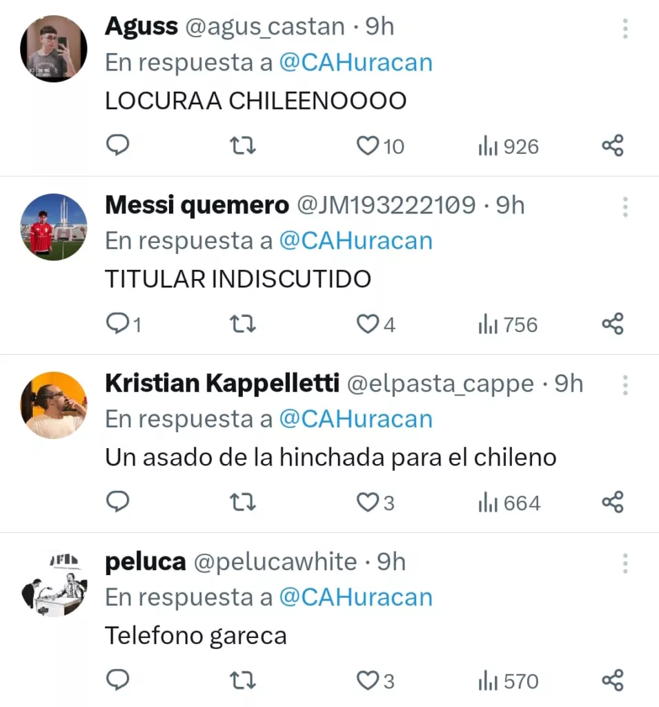 Elogios de hiunchas de Huracán a Williams Alarcón en X (ex Twitter).