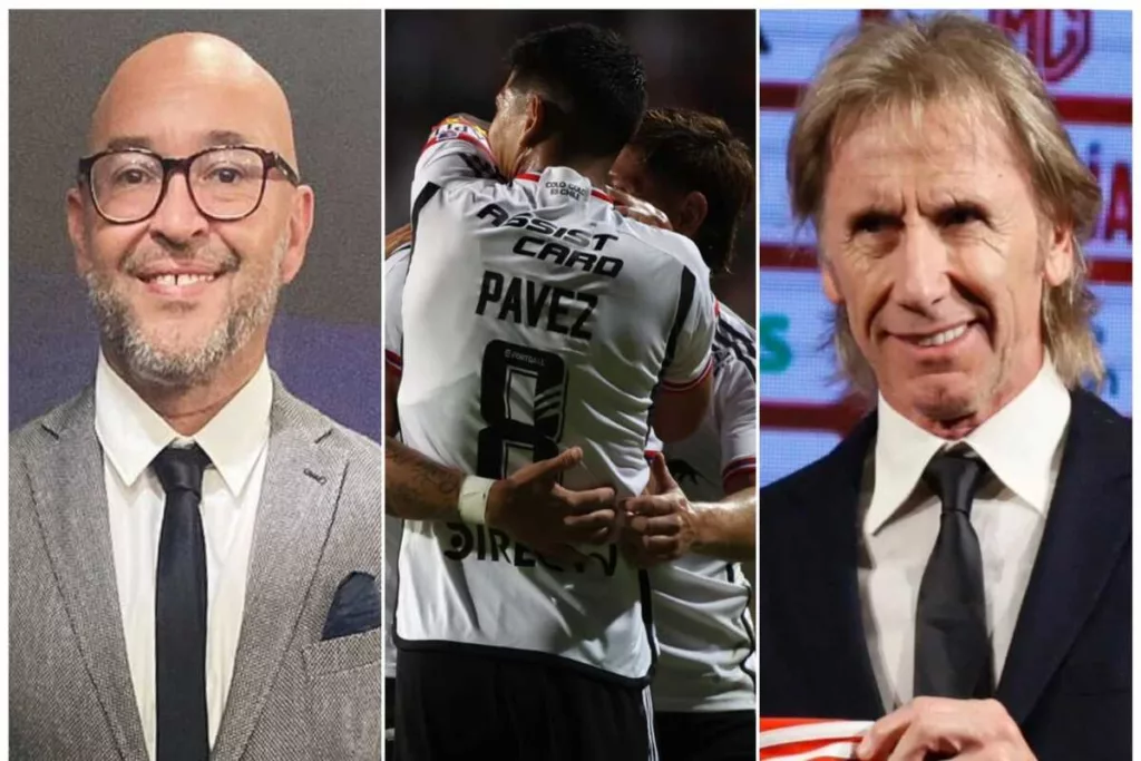 Primer plano al rostro sonriente de Pablo Flamm y Ricardo Gareca, periodista deportivo nacional y entrenador de la Selección Chilena, respectivamente. Por su parte, al medio de la imagen aparecen futbolistas de Colo-Colo abrazados celebrando un gol durante 2024.